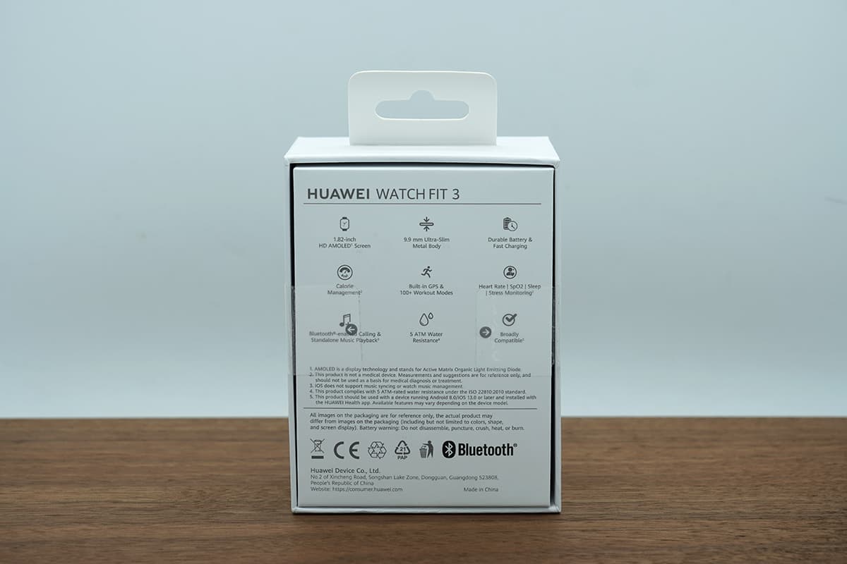 HUAWEI WATCH FIT 3のパッケージ　裏面