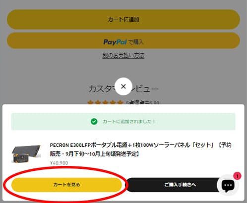 PECRON公式HPの商品ページ　カートを見る
