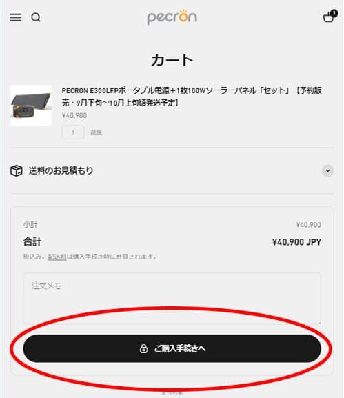 PECRON公式HPの商品ページ　カート画面