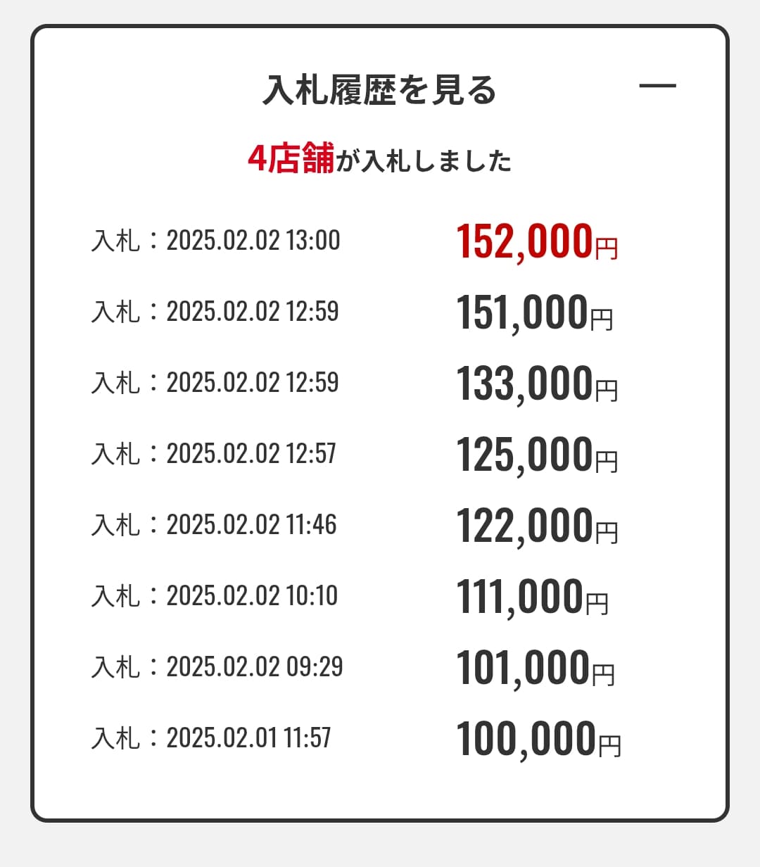 グーバイク買取のバイク買取金額　入札状況